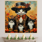 Autumn Whispers: Tuxedo Cat Mom and Three Kittens with Pumpkin on Ready to Hang 1.5" Thick Canvas Wrap, Floating Framed Canvas, Flat Rolled Canvas